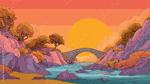 Scenic Landscape Bridge Sunset Vector with Outline Isolated Design
