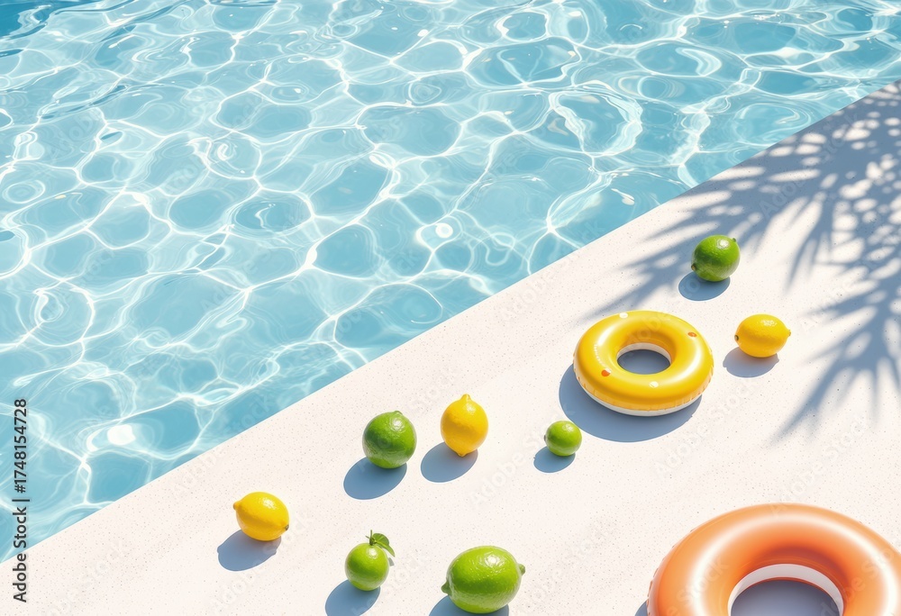 Naklejka premium Sunny poolside scene with floating toys and bright reflections in water