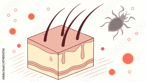 Cross-section of skin with hair follicles and mite illustration medical infographic dermatology biology healthcare science microscopic view.