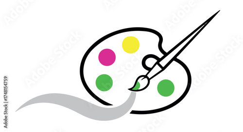 Artistic paint palette with brush and colorful dots, isolated on transparent background