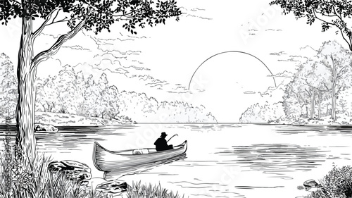 Adventure Canoeing on Scenic River Vector Illustration