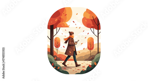 Autumn walk with coffee A stroll in nature illustration with fall colors and person enjoying the scenery