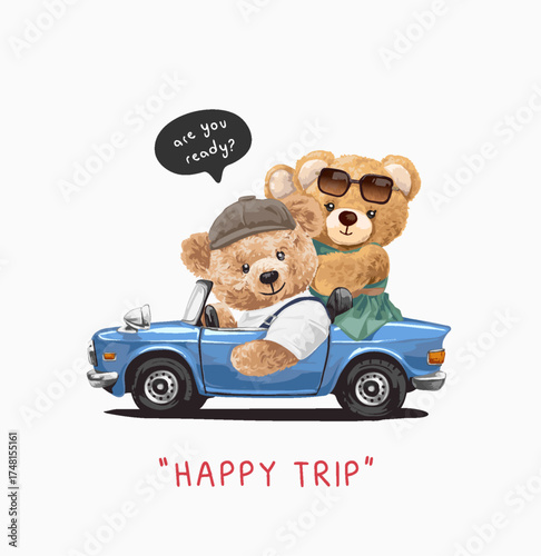 cute bear doll couple in blue convertible car vector illustration - hand drawn