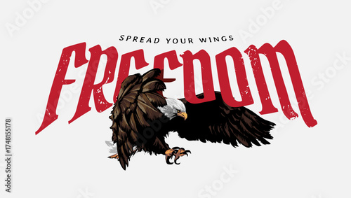 freedom slogan with eagle spreading wings vector illustration - hand drawn