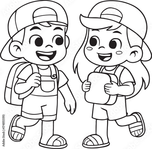 Vector cartoon illustration set of funny boy and girl children characters in winter clothes, a smiling fun kid couple.
