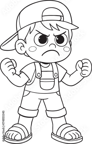A funny cartoon illustration vector of a boy in a winter hat smiling at a comic animal dog character.