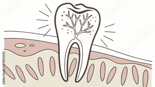 Dental Anatomy Illustration Tooth Structure with Nerve and Gum Detail.