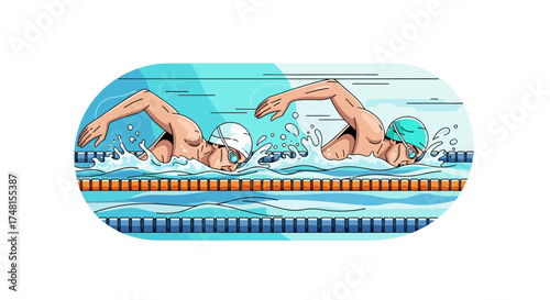 Two male swimmers competing in a heated freestyle race, showing athletic determination in the swimming pool