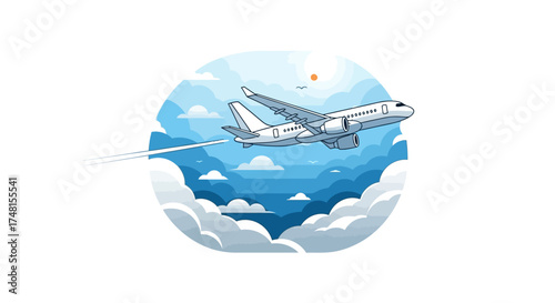 Modern passenger jet airplane soaring gracefully through a bright blue sky, surrounded by fluffy white clouds and a warm sun, symbolizing global travel and efficient aviation journeys