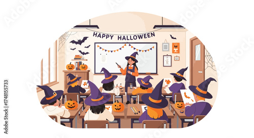 Children and teacher celebrating Halloween in a cheerfully decorated classroom, engaged in a festive lesson amidst pumpkins, bats, and spooky elements, wearing witch hats for a fun learning experience