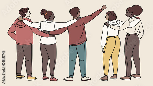 Diverse group of friends embracing teamwork unity togetherness support friendship illustration.