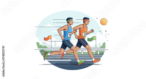Two male athletes competing in a marathon race with determination on a track under the sun, showcasing healthy competition and athletic achievement