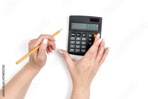 Female hands with pencil using calculator, isolated object on transparent background. Concept of discount counting, budget planning, accounting and personal finance.
