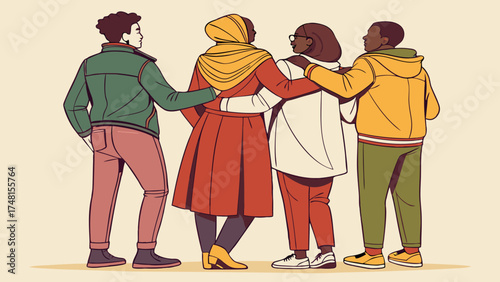 Diverse group of friends standing together back view friendship unity togetherness support community diverse people multicultural teamwork collaboration solidarity inclusion connecti.