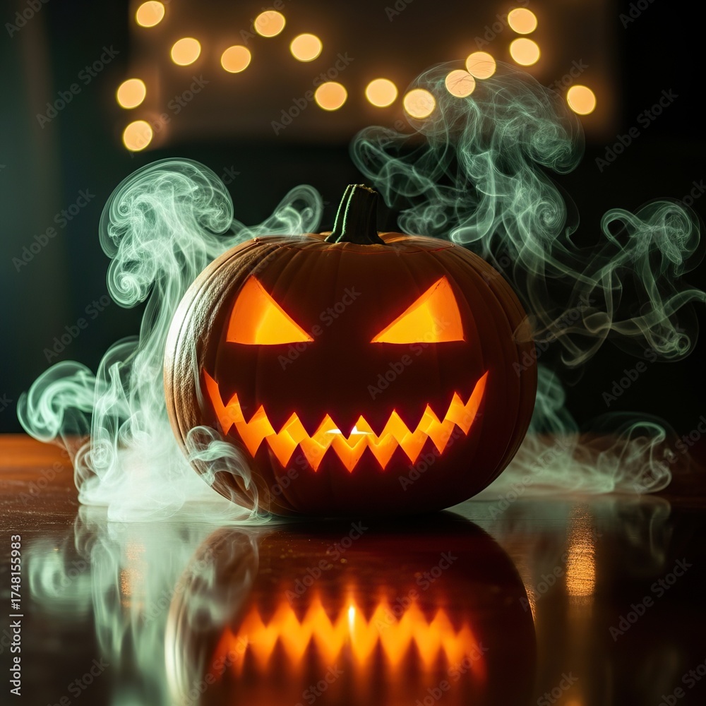 Fototapeta premium Scary carved pumpkin with glowing eyes and smoke no logo use