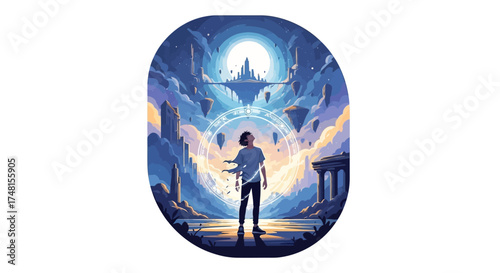A surreal fantasy landscape depicting a person discovering a gateway to a magnificent floating kingdom in the heavens