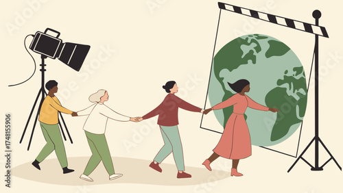 Diverse group of people collaborating on a project featuring a world globe illustration studio setting with lighting equipment.