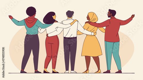 Diverse group of people embracing unity teamwork friendship collaboration support togetherness community inclusion diversity multicultural colleagues friends back view arms around.