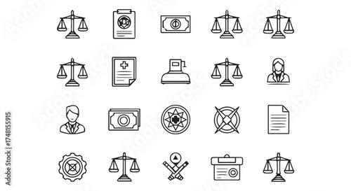 Collection of legal and financial icons, including scales of justice, documents, money, and legal professionals, isolated on transparent background
