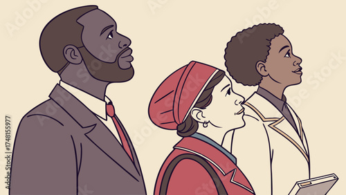 Diverse Group of People Looking Up Professional Illustration Side Profile.