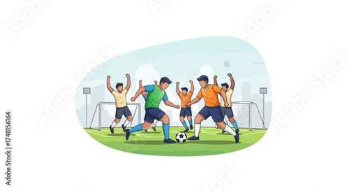 Exciting football match action with players competing intensely on a green field with goalposts in the background and spectators cheering