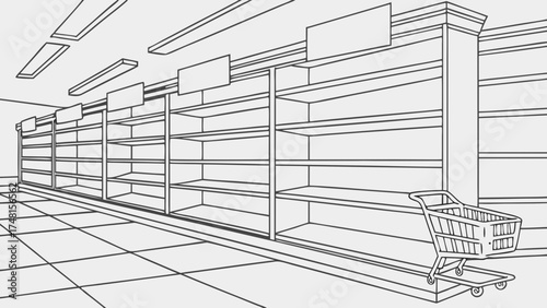 Empty Supermarket Aisles Shopping Cart Retail Store Interior Design Blank Shelf Grocery Store Illustration.
