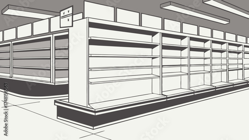 Empty Store Shelves Retail Interior Design Shopping Aisles Supermarket Mockup Product Display Blank Shelves Grocery Store Illustration.