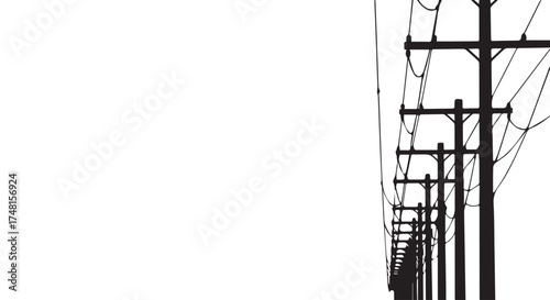 Row of silhouetted utility poles with overhead power lines against a transparent background