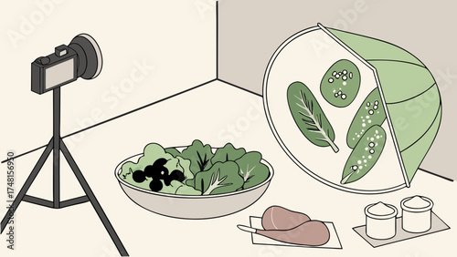 Food Photography Studio Setup Camera Lighting and Fresh Ingredients.