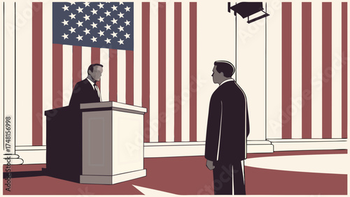 Formal Address Political Speech Podium Two Figures American Flag Background Business Government Professional Setting.