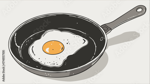 Fried Egg in Frying Pan Breakfast Food Illustration Cooking Graphic Design.