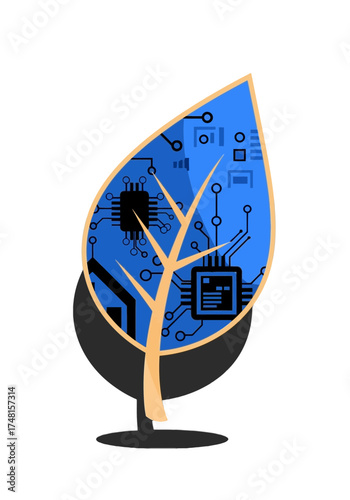 Flat Vector Illustration of Green Technology Leaf