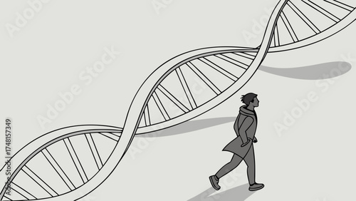 Genetic research science concept DNA double helix person walking medical illustration abstract background healthcare biotechnology human genome genetic engineering scientific discovery.