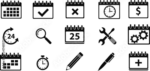 Calendar and scheduling icon vector set, productivity tool clipart, time management symbols, planning interface design, black and white appointment graphic collection