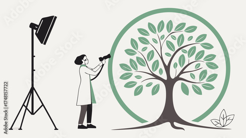 A Photographer with Binoculars Examining a Stylized Tree in a Studio Setting.