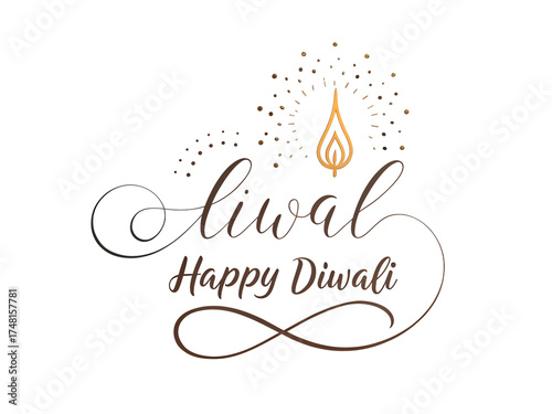 Happy diwali calligraphy with a diya and sparkles, isolated on transparent background