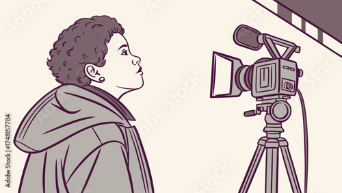 A stylized illustration of a person operating a professional video camera on a tripod.