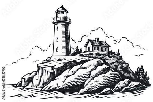Vintage Hand-Drawn Lighthouse on Rocky Cliff – Black and White Ink Sketch Illustration. dramatic black and white drawing of a lonely lighthouse on a rocky coast.