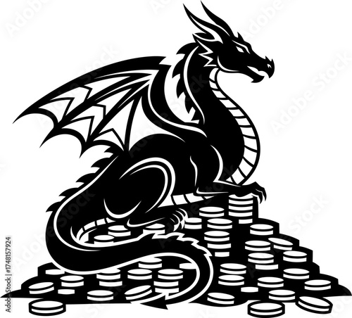 Ancient mythical dragon creature sitting on huge pile of gold coin treasure symbol. Mystical fantasy beast with wings protection concept vector illustration