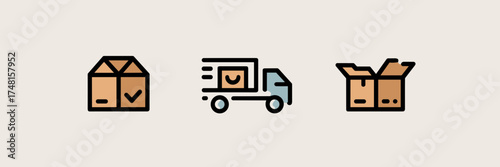 Monthly shipping and unboxing icons – Suitable for delivery app design, logistics process visuals, or e-commerce materials