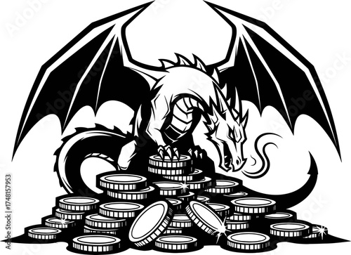 Dragon sitting on a pile of gold coins hoarding treasure. Fantasy mythological creature concept. Vector illustration for emblem, logo, tattoo design