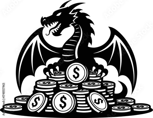 Black dragon sitting on a large pile of dollar coins, guarding treasure. Wealth and finance concept. Vector illustration for business design