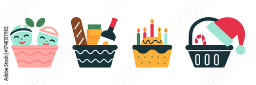 Vector illustration of gift basket icons with spa, food, birthday, and holiday themes – Great for marketing materials, seasonal branding, or lifestyle graphics