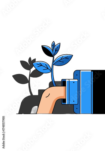Business Hand Nurturing Growing Blue Plant Flat Vector