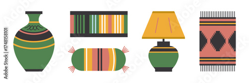 Simple home decor vector icons with vase, wall art, pillow, lamp, and rug – Great for lifestyle graphics, decor projects, or home styling visuals