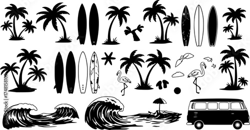 A tropical beach and surf-themed vector set with palm trees, waves, surfboards, a van, flamingos, and ocean elements in a bold black silhouette style. Perfect for t-shirt designs, and branding