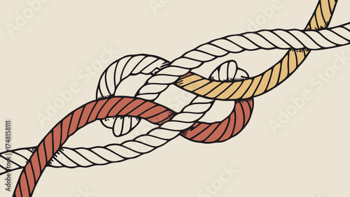 Abstract illustration of intertwined ropes in red beige and white tones nautical knot design decorative element vector illustration.
