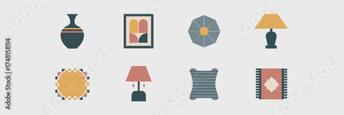 Minimalist home decor icon sheet with vase, wall art, throw pillow, lamp, and rug – Ideal for design templates, interior visuals, or branding projects