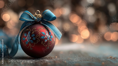 Text Ticker. Ornamented Red Christmas Ball with Blue Ribbon on a Brown Background
