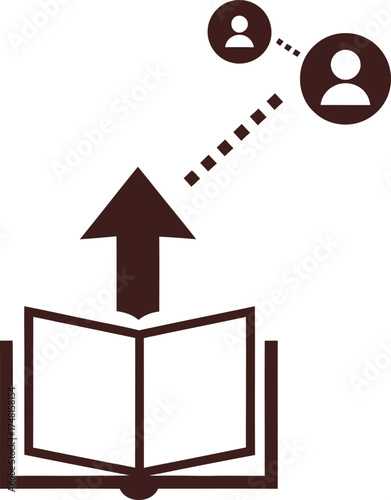 Open book with an upward arrow and connected social media user icons. Education, knowledge sharing and network concept. Vector icon for app, web.